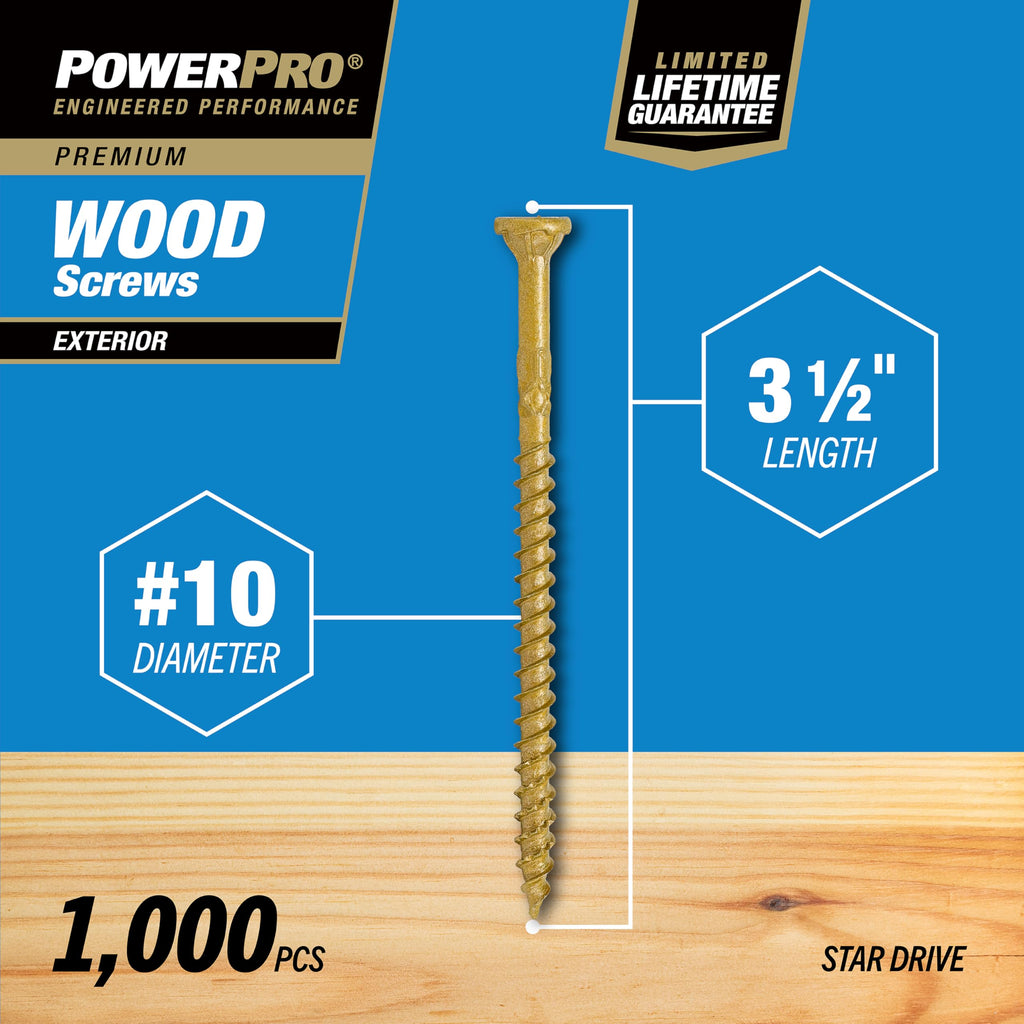 Power Pro Premium Exterior Wood Screws, #10 x 3-1/2" Inch All-Purpose Deck Screws for Outdoor Projects, T-25 Star Bit Included, Bronze, 1000 Pieces | 967781V4