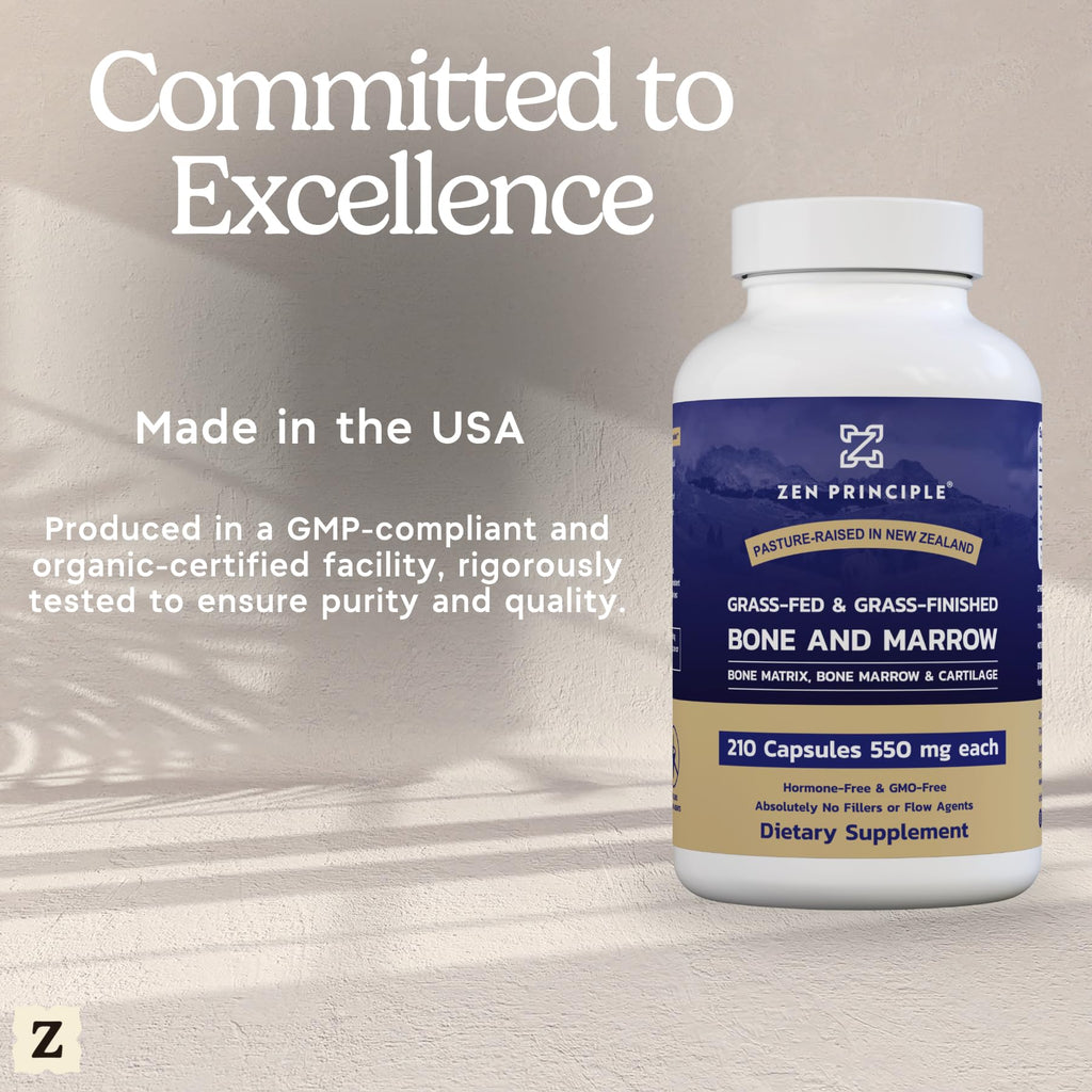 Zen Principle Grass Fed Beef Bone Marrow Supplement, 3300mg. Skin, Oral Health, and Joint Support. Promotes Whole-Body Wellness. Whole Bone Extract, 210 Capsules.