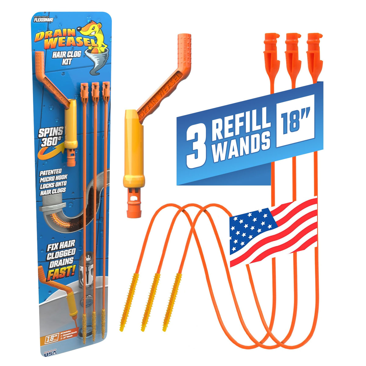 FlexiSnake Drain Weasel Sink Snake Hair Clog Remover Tool Kit, 3 Wands