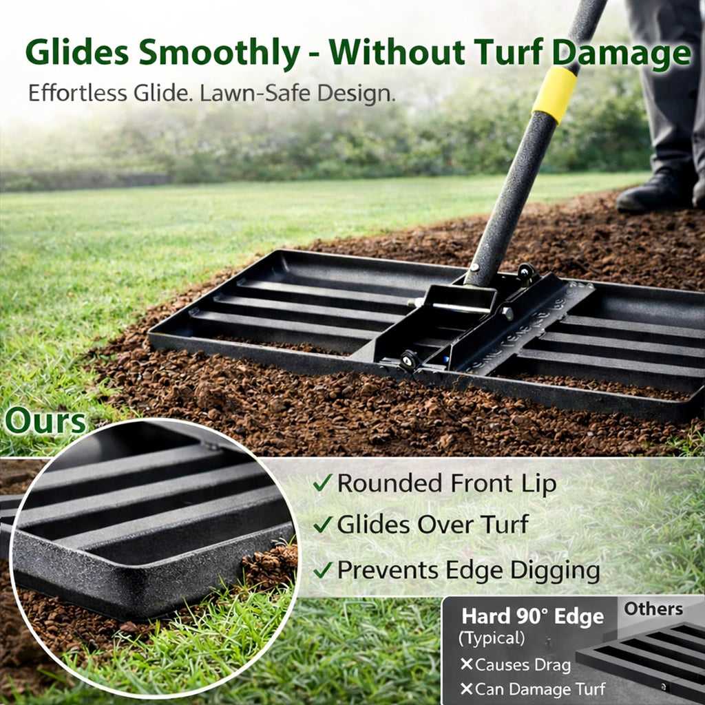Lawn Leveling Rake - Heavy Duty 30" x 10" Lawn Leveler,Anti-Flip Edge, Adjustable 6FT Handle, Folding Plate for Yard, Soil, Sand, Topsoil,Gravel - Garden Ground Top Dressing,Landscaping tool