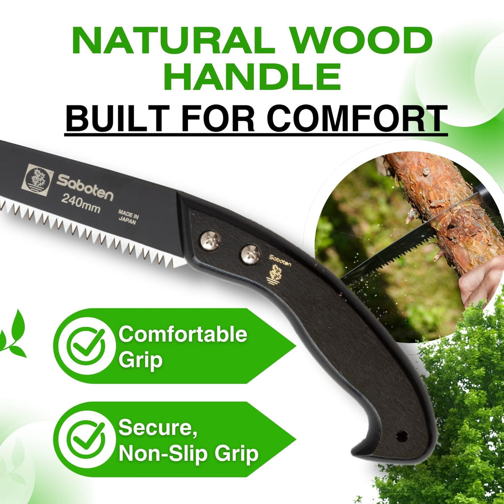 Saboten Japanese Pruning Saw 9.4 in (240mm) – Fluorine-Coated High-Carbon Steel Blade, 7.5mm Tooth Pitch, Smooth Pull Cuts, Wooden Handle, Wood Sheath Included, Made in Japan