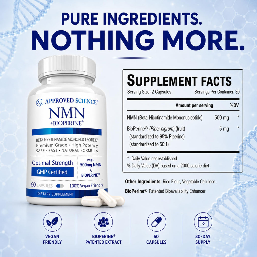 Approved Science NMN - 500mg Stable Beta NMN with BioPerine - Cellular Energy, Healthy Aging - Pack of 6 - Made in USA - Vegan