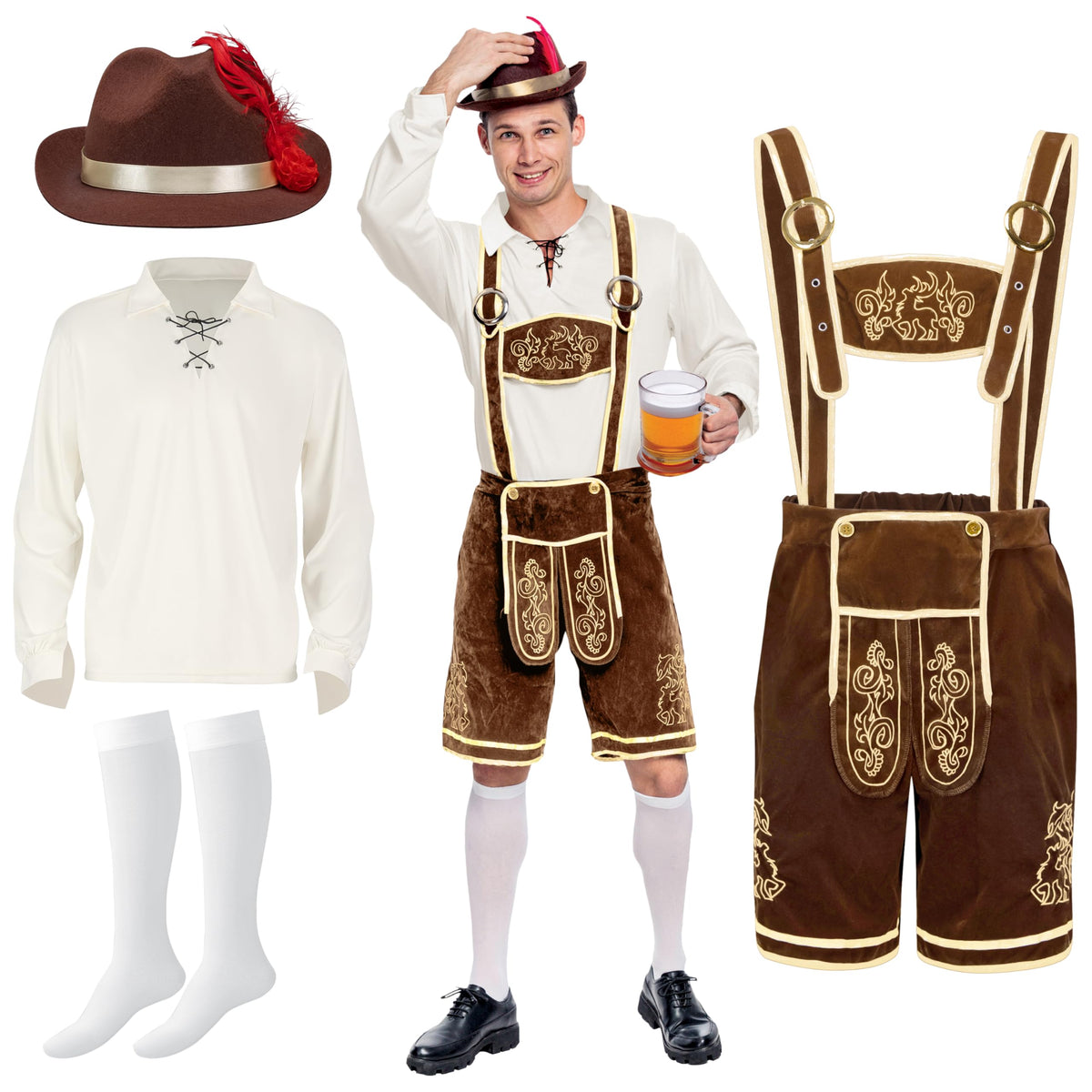 Spooktacular Creations Halloween Men Oktoberfest Costume Set, Lederhosen Men with German Bavarian Hat, Beer Costume, Adults Halloween Brown Outfit for Beer Festival Party (Large)