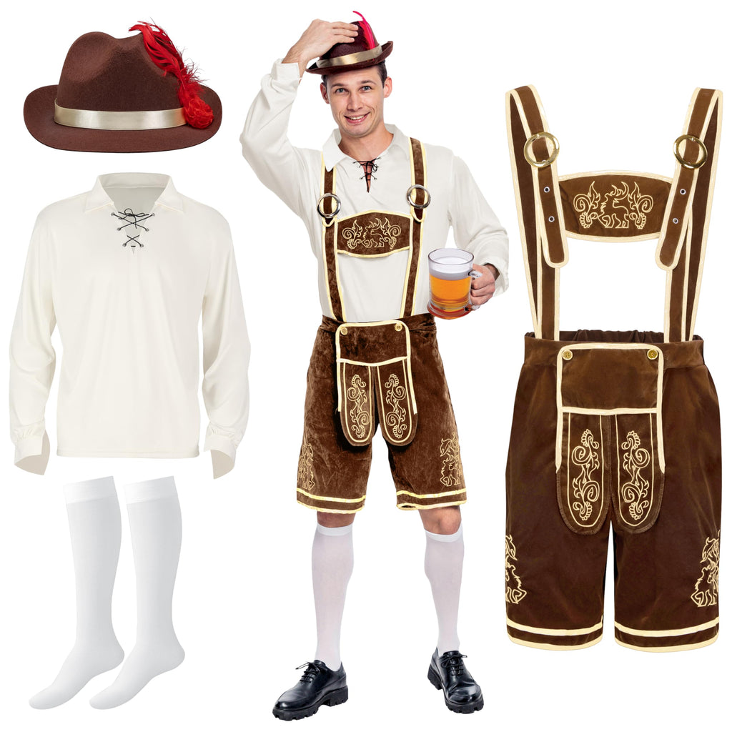Spooktacular Creations Halloween Men Oktoberfest Costume Set, Lederhosen Men with German Bavarian Hat, Beer Costume, Adults Halloween Brown Outfit for Beer Festival Party (Medium)