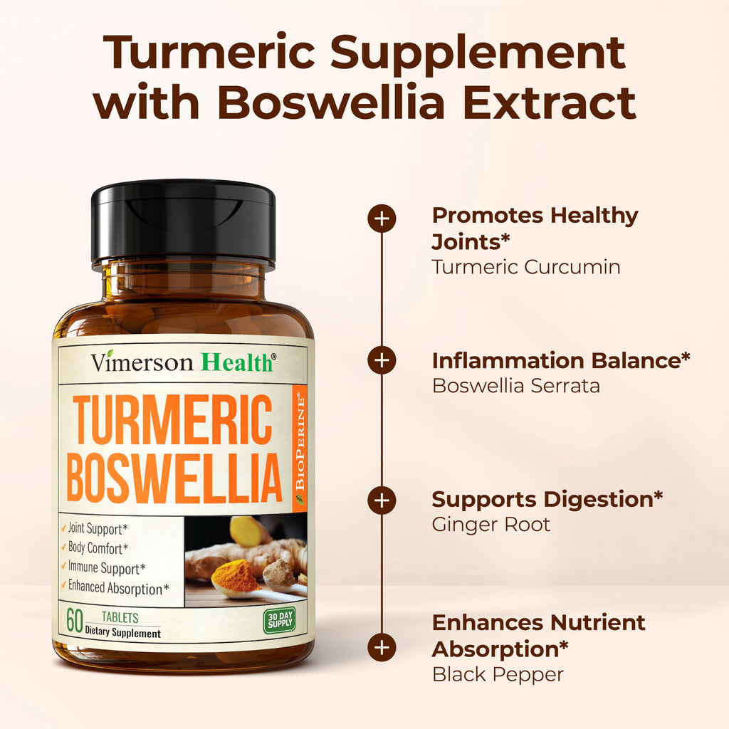 Turmeric Curcumin Supplement with Boswellia Serrata, Ginger Root, Organic Turmeric Powder & Bioperine for Max Absorption - 95% Curcuminoids Turmeric Supplement - 60 Tumeric Boswellia Extract Tablets