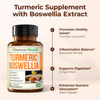 Turmeric Curcumin Supplement with Boswellia Serrata, Ginger Root, Organic Turmeric Powder & Bioperine for Max Absorption - 95% Curcuminoids Turmeric Supplement - 60 Tumeric Boswellia Extract Tablets