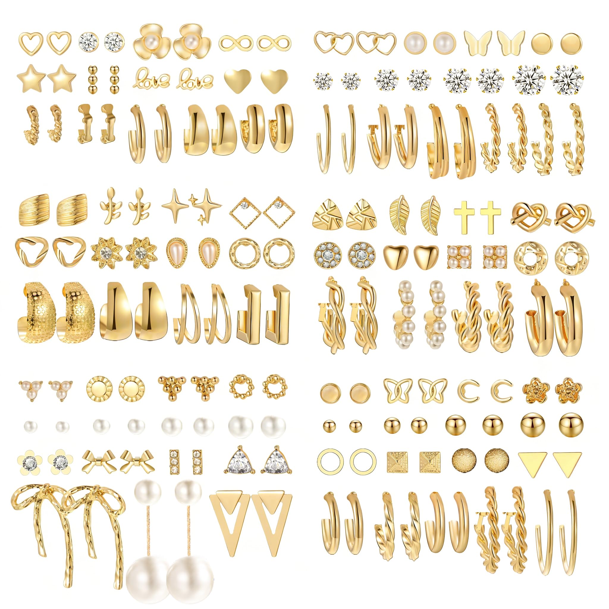 82 Pairs Gold Earrings for Women Trendy, Pearl Bow Small Hoop Stud Earrings Pack, Earring Set Multiple Piercing for Birthday Party Gift