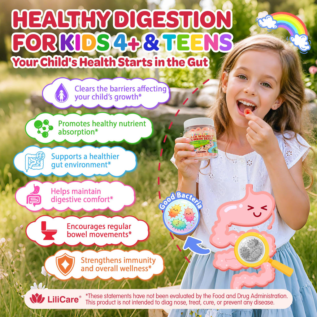 Para Cleanse for Kids & Teens, 24-in-1 Gut Health Gummies - Black Walnut, Wormwood, Clove, Pumpkin Seeds, Vitamin C, Probiotics-Gentle Gut Support, Natural Digestive Balance, Immunity, 0 Sugar, 60cts