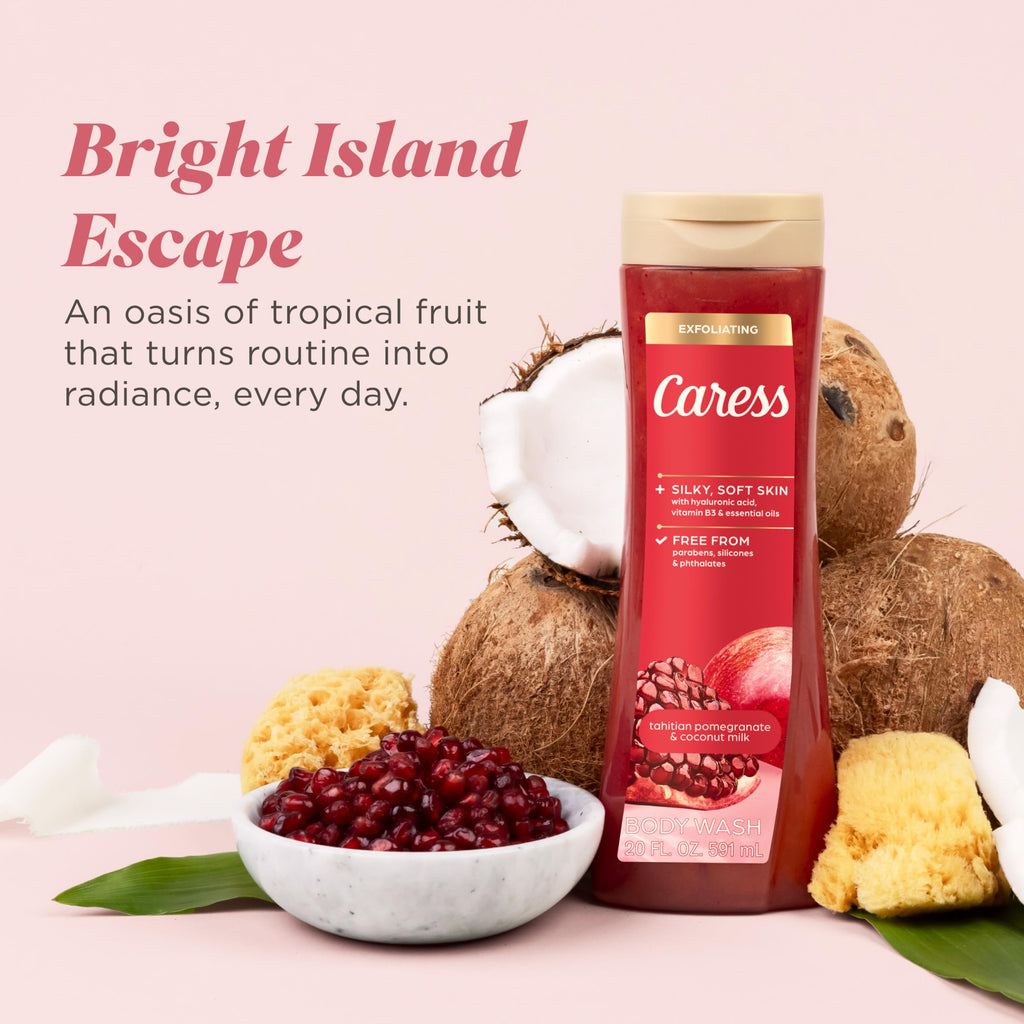 Caress Tahitian Pomegranate & Coconut Milk Exfoliating Scrub Body Wash with Hyaluronic Acid & Vitamin B3 for Moisturized, Silky Soft Skin, Long-Lasting Fragrance, 20 fl oz (4 Pack)