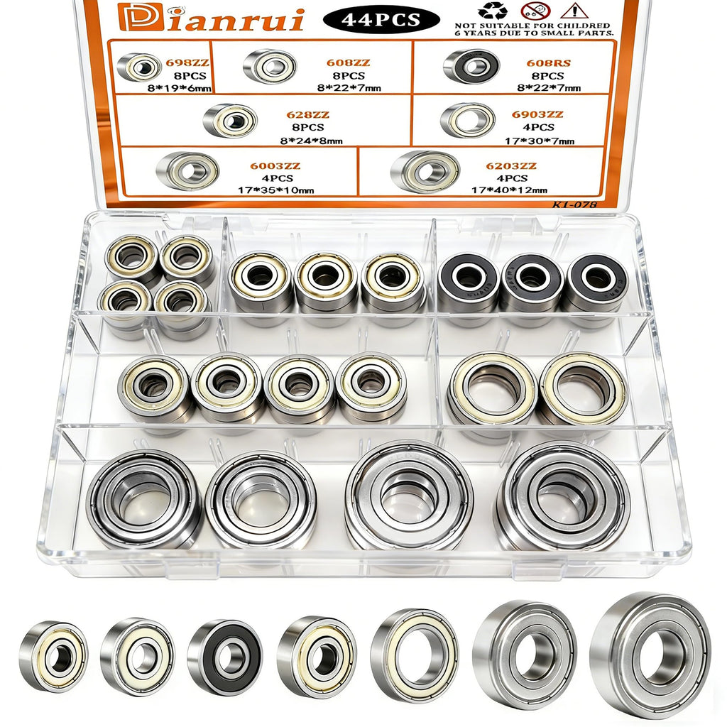 Dianrui 608RS/ 608ZZ/ 698ZZ/ 628ZZ/ 6903ZZ/ 6003ZZ/ 6203ZZ - 44 PCS Ball Bearings Assortment Kit, Carbon Steel Deep Groove Bearing for Furniture Wheel, Roller Skates, 3D Printing and ect—7 Size