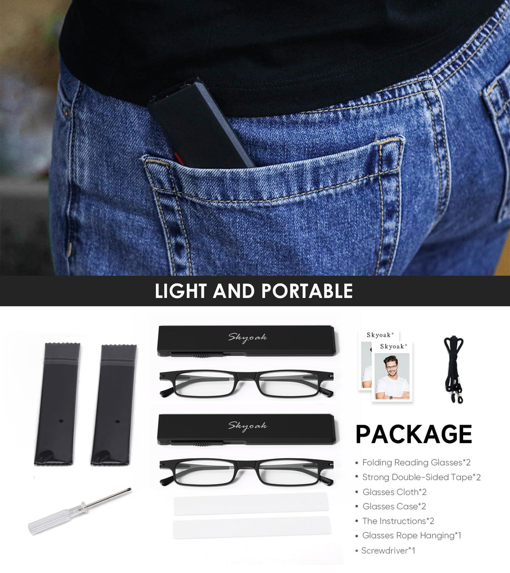 2 Pack Ultra Thin Lightweight Folding Reading Glasses Women Men TR90 Blue Light Blocking Anti UV/Eyestrain Foldable Compact Computer Readers Portable Unique Stretchable Slim Flat case Black +2.5