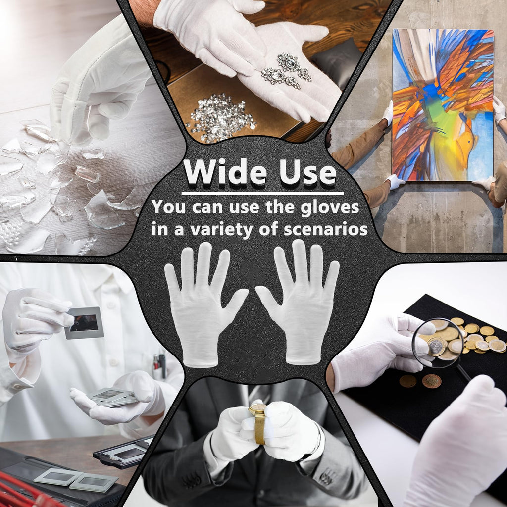 Zealor 12 Pairs White Cotton Gloves Soft Cloth Dust Hand Gloves Work for Men Women Art Crafting Handling, Eczema, BBQ, Coin Jewelry Watch Inspection, Dry Hands Sleeping, Archival, Large