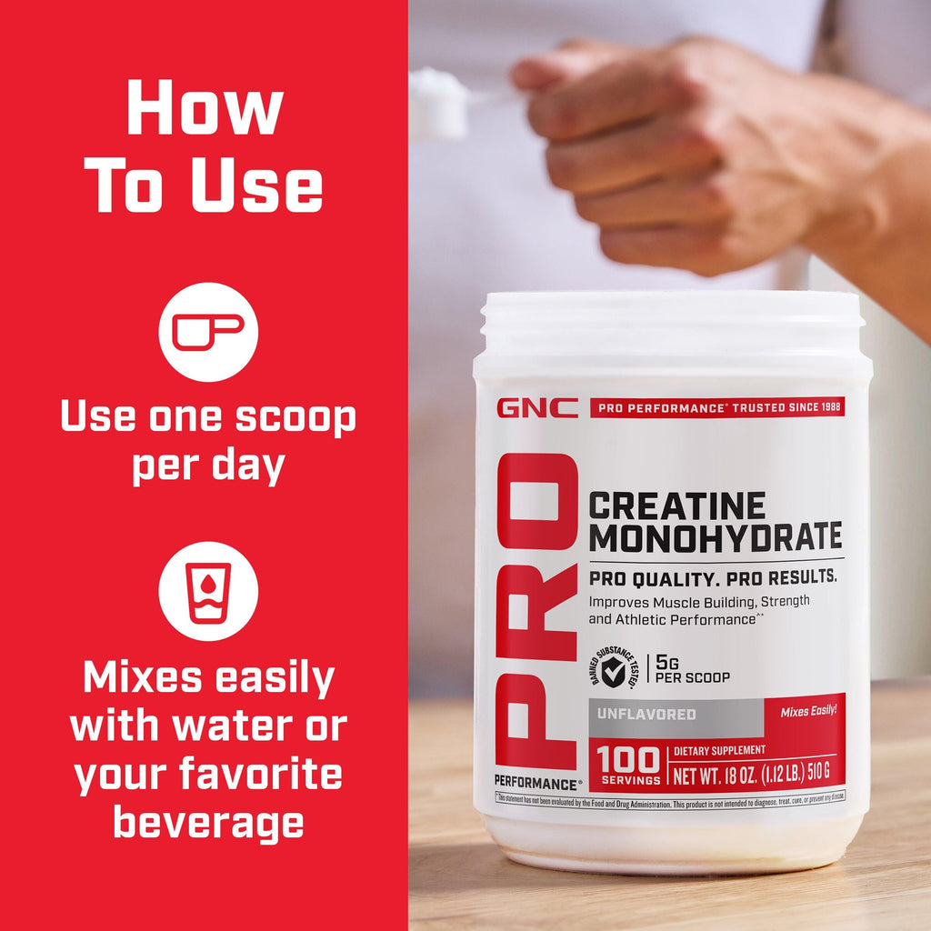 GNC Pro Performance Creatine Monohydrate Powder for Women & Men, 5g Creatine Per Serving, Muscle Building, Energy Production, Endurance, Performance, 100 Servings