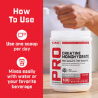 GNC Pro Performance Creatine Monohydrate Powder for Women & Men, 5g Creatine Per Serving, Muscle Building, Energy Production, Endurance, Performance, 100 Servings
