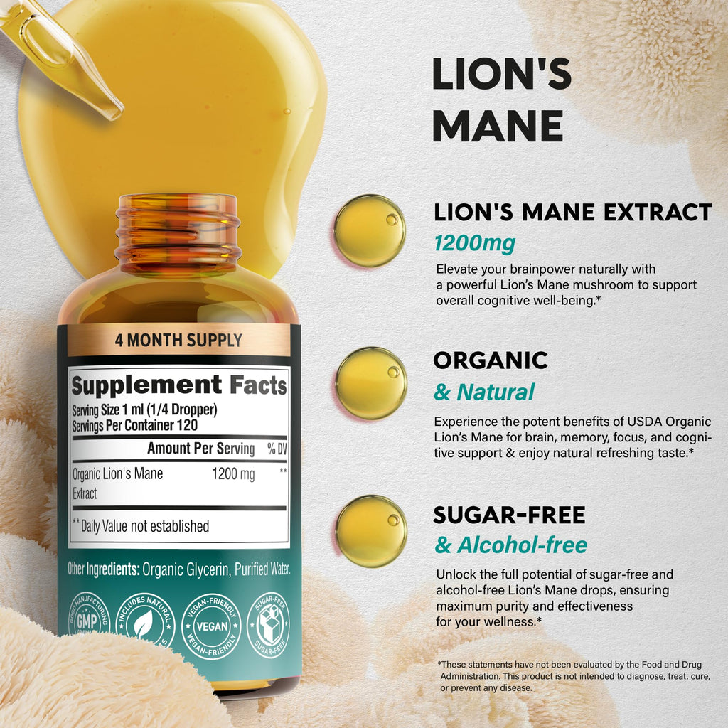 Lions Mane Liquid - USDA Certified Organic Lions Mane Supplement - Brain Support, Energy, Memory & Focus - Sugar & Alcohol-Free Lion's Mane Mushroom Extract 144,000 mg / Bottle, 4fl oz, 4 Month Supply
