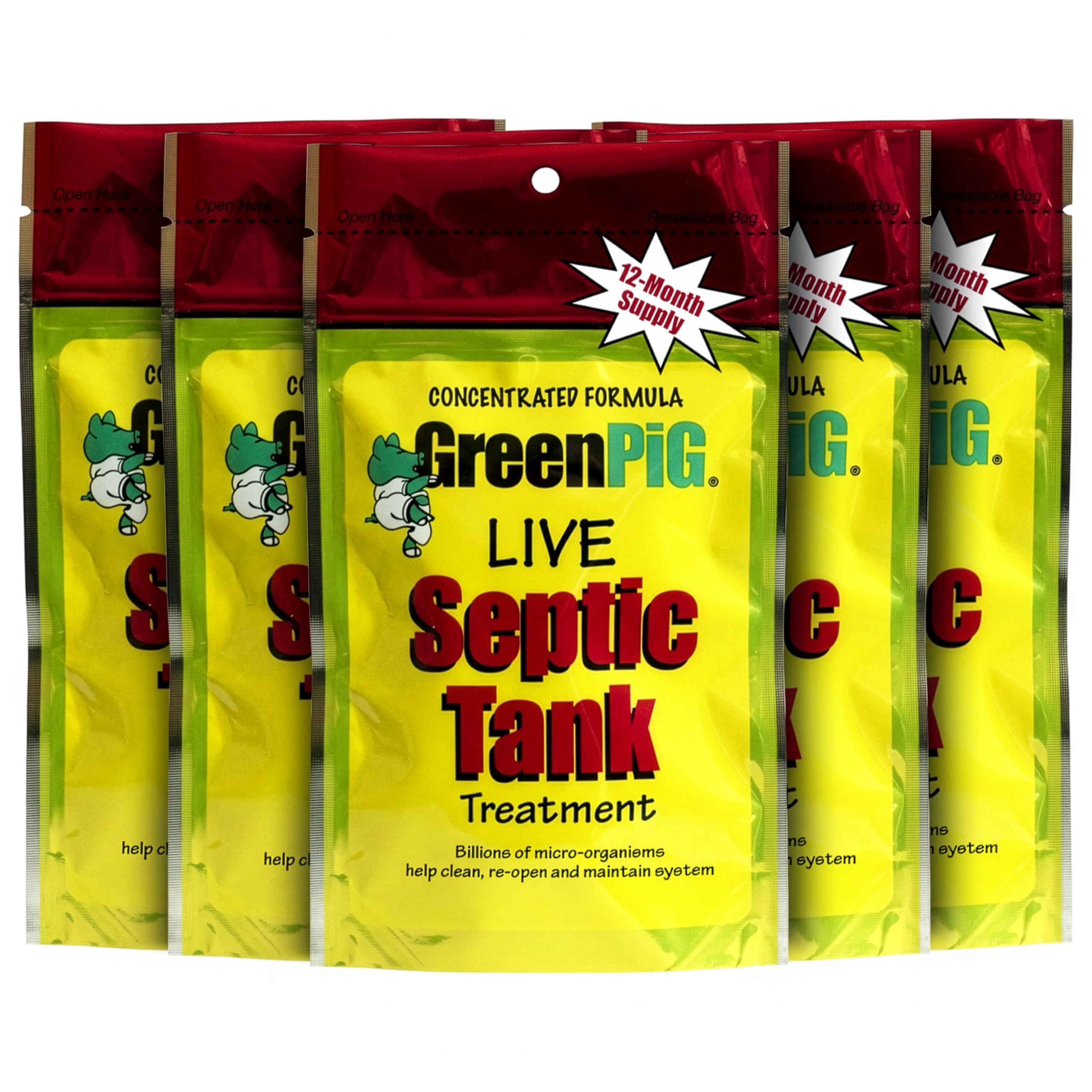 Green Pig Septic Tank Treatment Packets – Septic-Safe Enzyme Treatment for Preventative Maintenance, Helps Prevent Clogs & Odors, 5-Year Supply (20 Packets)