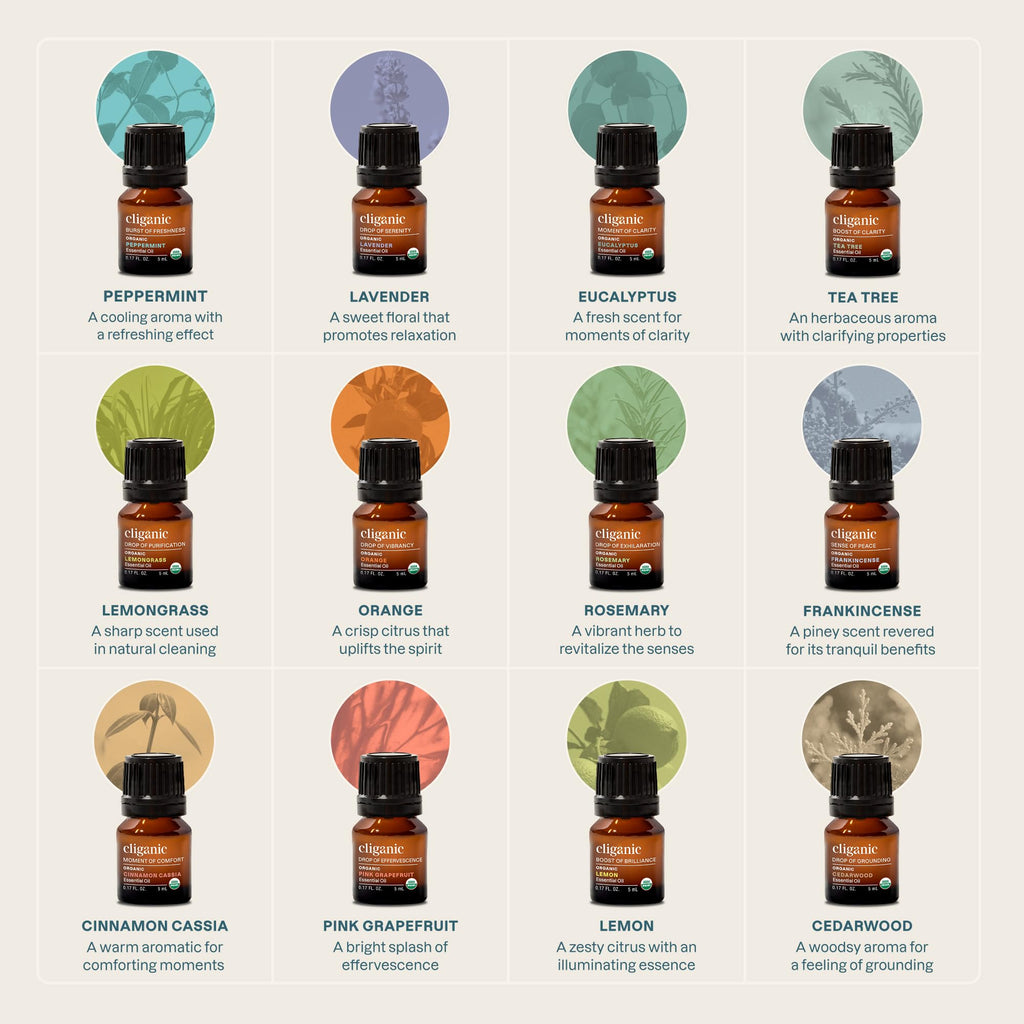 Cliganic Organic Essential Oils Set (Top 12, Pack of 2) - 100% Pure - Peppermint, Lavender, Eucalyptus, Tea Tree, Lemongrass, Rosemary, Frankincense, Orange, Lemon, Cassia, Cedarwood & Grapefruit