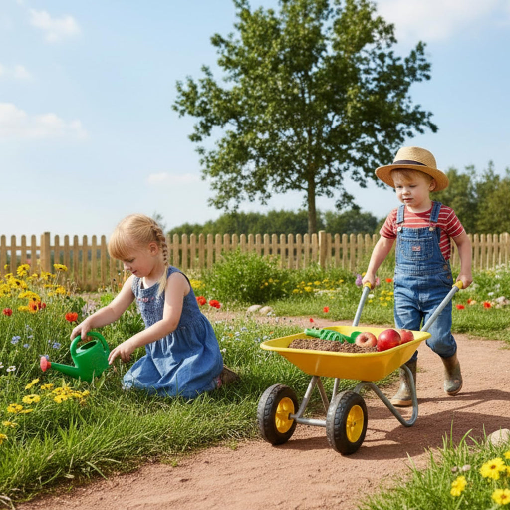 Kids Gardening Tool Set Wheelbarrow 2 Wheel Metal Wheelbarrow Toys (Yellow)