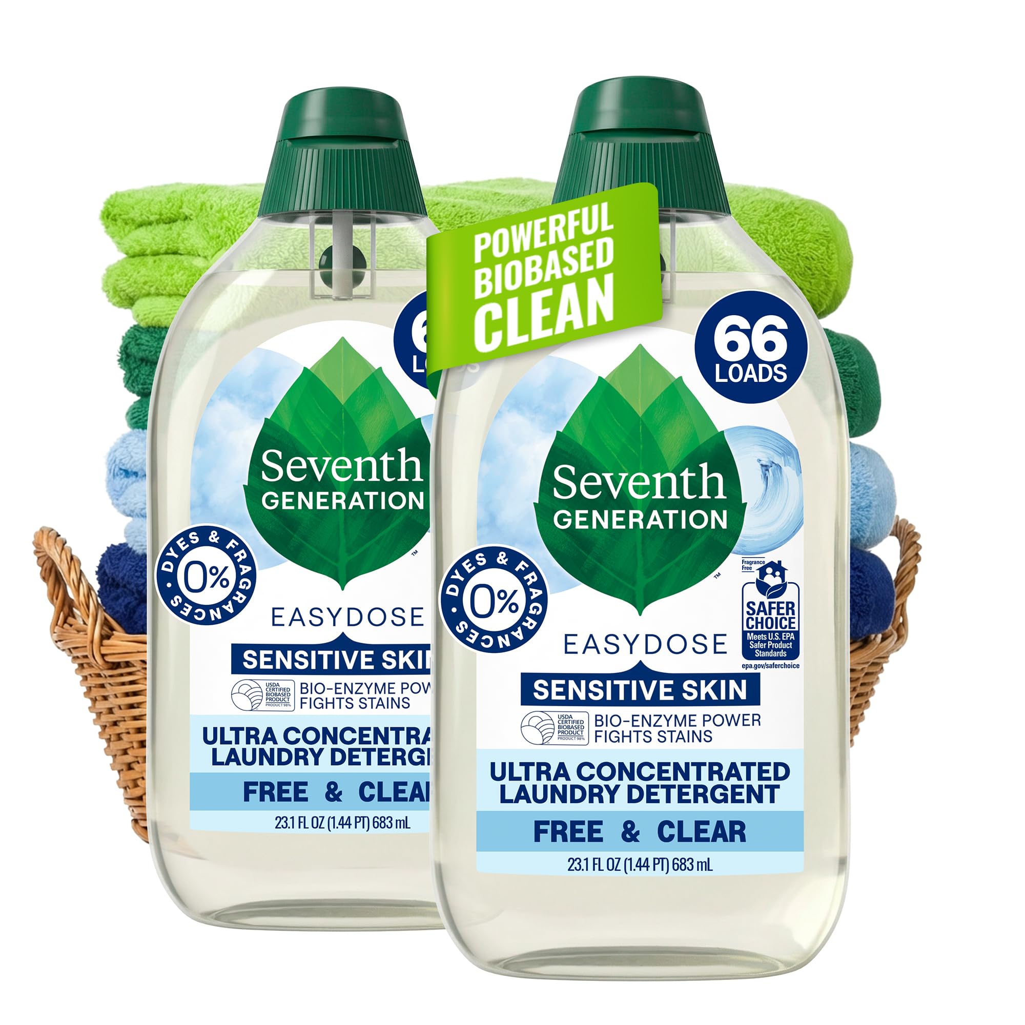 Seventh Generation Ultra Concentrated Free & Clear Laundry Detergent, 23.1 fl oz, 2 Pack, No Dyes or Fragrance, EasyDose Cap, Sensitive Skin Liquid Laundry Soap Targets Stains and Everyday Messes