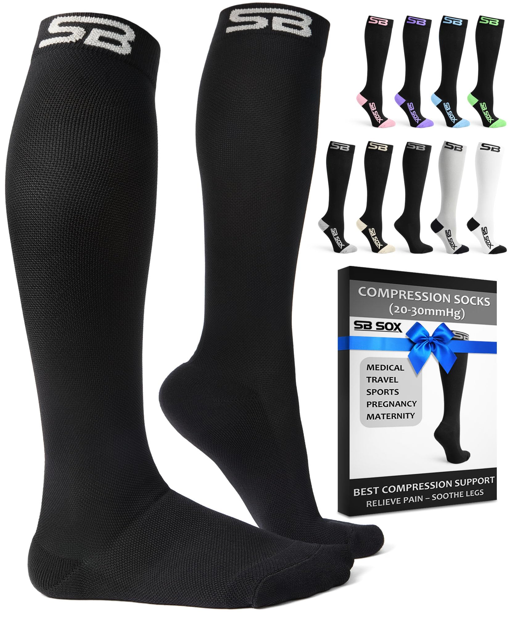 SB SOX Compression Socks for Men & Women (20-30mmHg) – Best Compression Socks for Flying, Medical, Sports, Wide Calf Fit, and Daily Wear (Solid Black, Large)