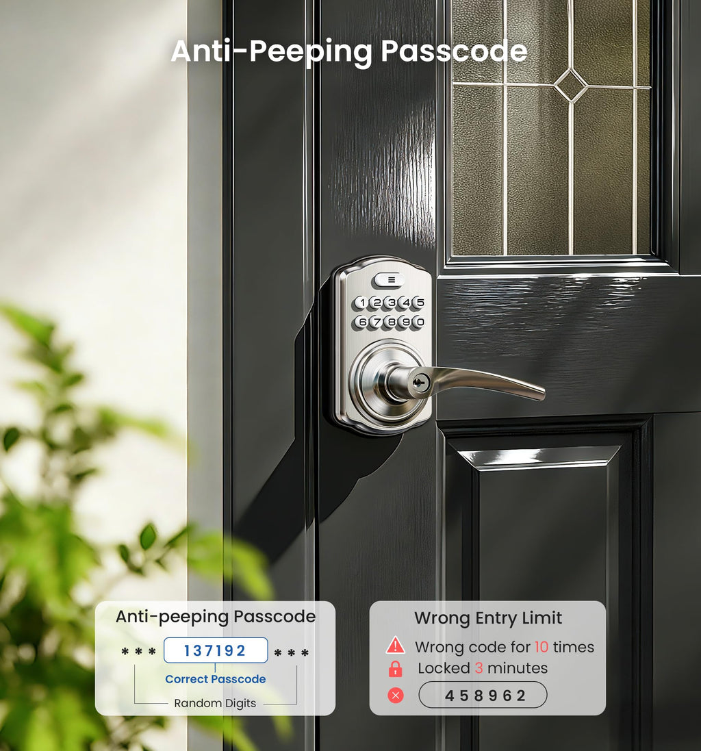 Veise Keypad Door Lock with Handle, Keyless Entry for Front Door & Bedroom, Electronic Lock with Code, Auto-Locking, Easy Installation, Passage Mode, Satin Nickel