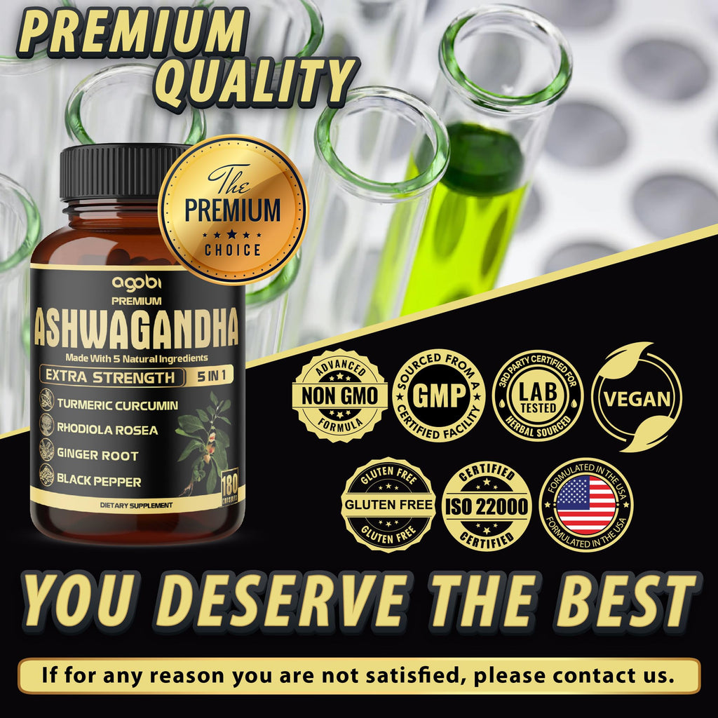 5in1 Premium Ashwagandha Capsules - Added Turmeric, Rhodiola Rosea, Ginger, Black Pepper - 180 Caps for 6 Months
