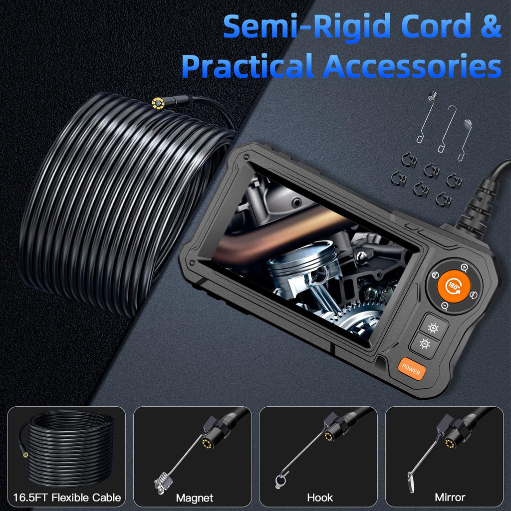 Endoscope Camera with Light - 4.3" LCD Screen Inspection Cameras,IP67 Waterproof Borescope with 8 Adjustable LED Lights,HD 1080P Endoscope Camera 16.5ft Semi-Rigid Cord,gifts for men tools and gadgets