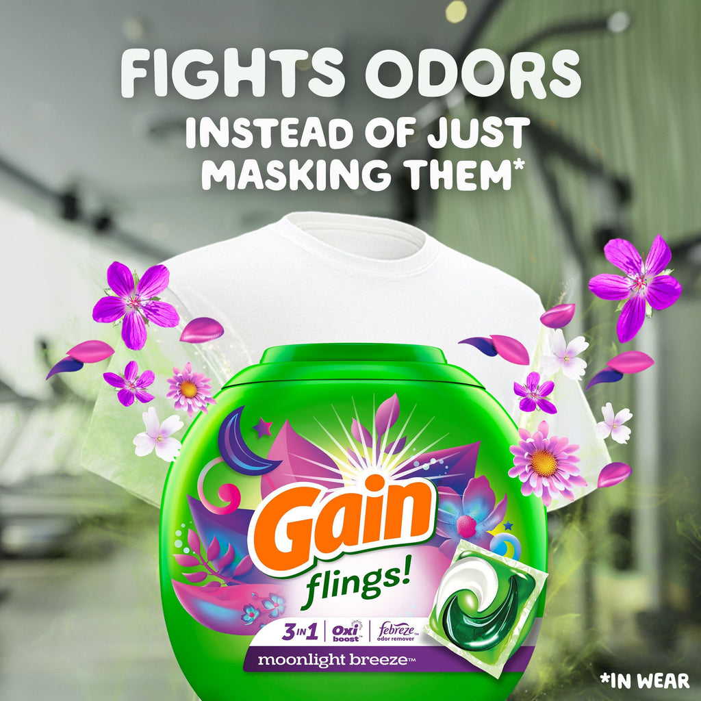 Gain Flings Laundry Detergent Pacs, 102 Count, Moonlight Breeze Scent, with Odor Defense, concentrated laundry soap pacs