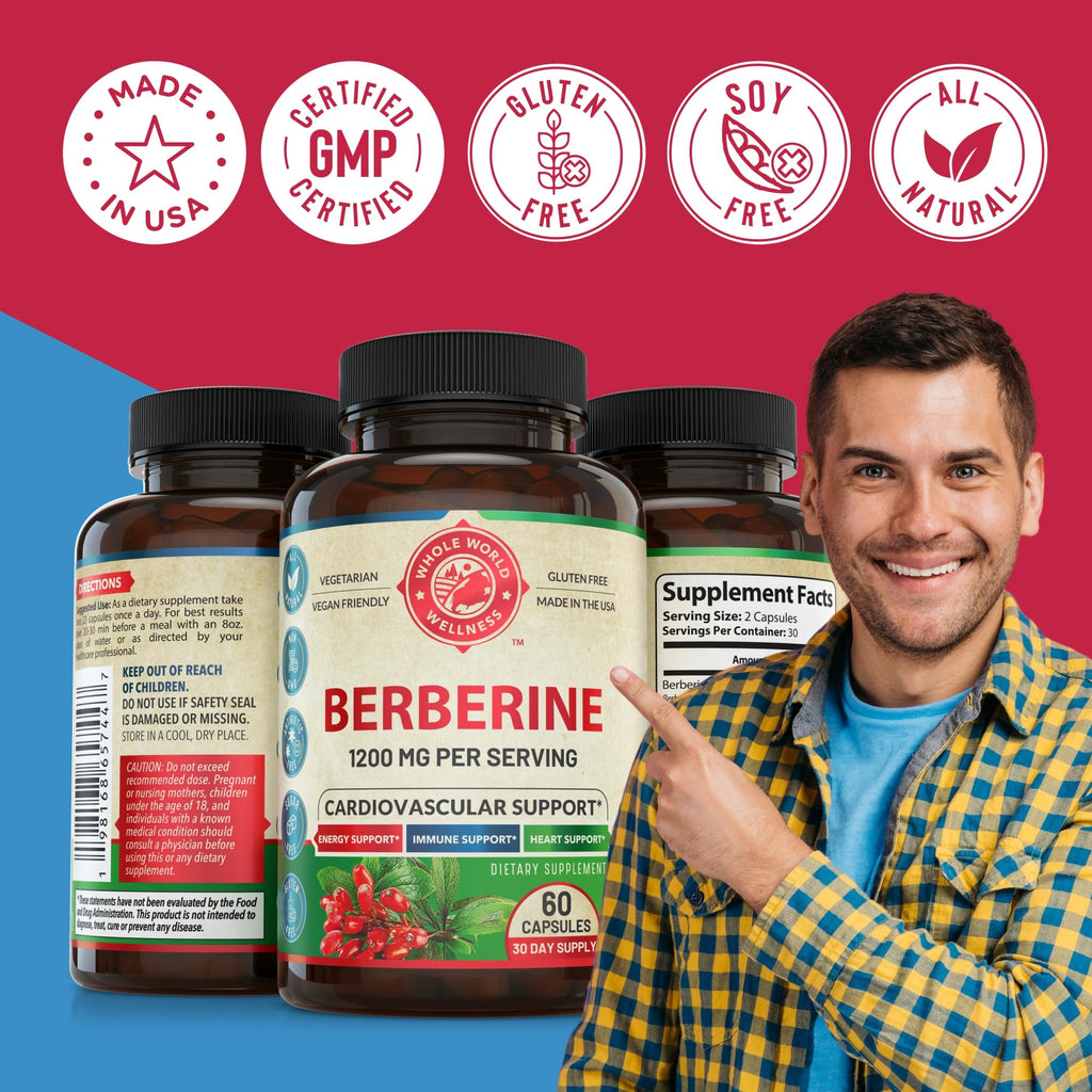 1200mg Berberine Herbal Health Capsules Support Heart and Cardiovascular Health, Help Maintain Healthy Cholesterol, Triglyceride, Blood Sugar Levels, Supports Digestion, Boosts Metabolism, 60 Capsules