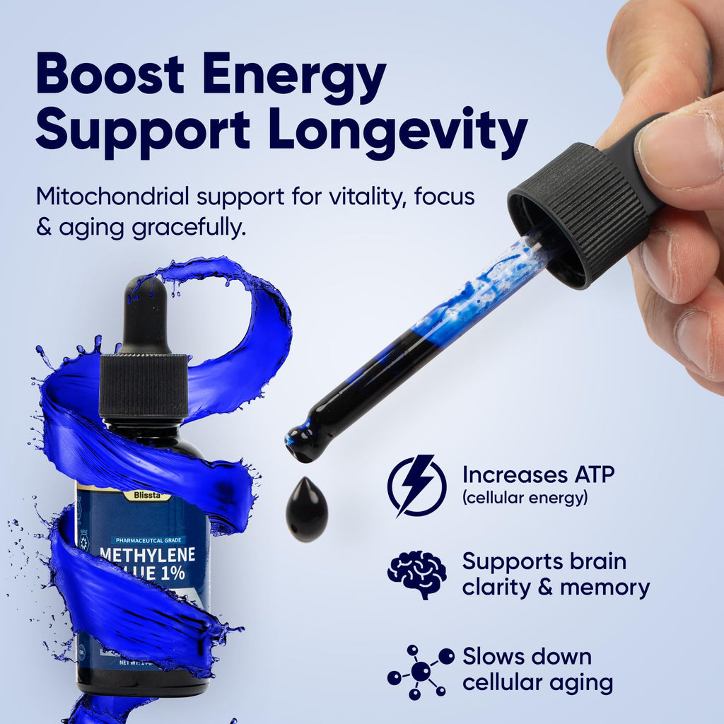 Blissta USP Pharmaceutical Grade Methylene Blue 1% Solution – Third-Party Lab Tested, Formaldehyde-Free, Heavy Metal Free –Nootropic - Cognitive Support, Brain Health, Energy & Focus Drops – 30ml
