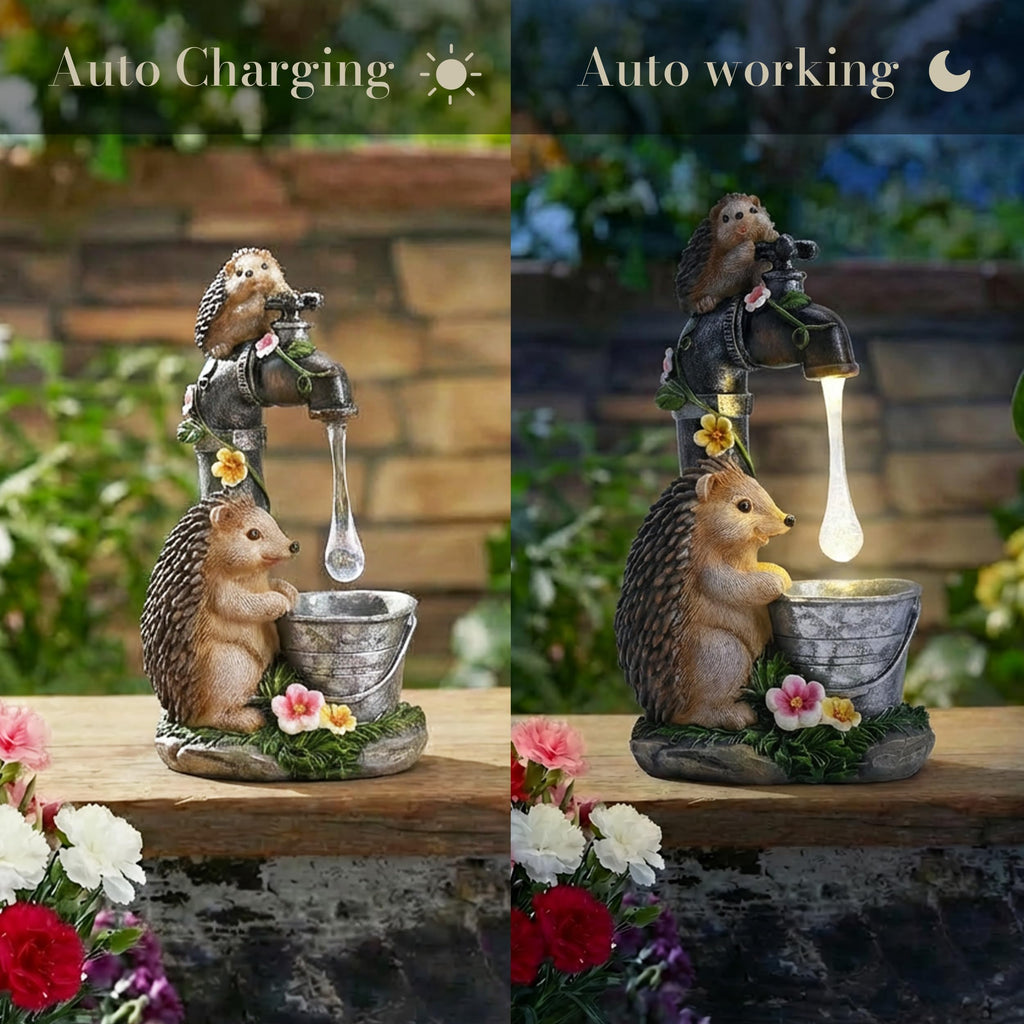TERESA'S COLLECTIONS Garden Decor, Cute Hedgehogs and Faucet Garden Decor with Solar Light, Waterproof Resin Garden Statue, Outdoor Hedgehogs Figurines, Garden Gift for Women Mom, Indoor/Outdoor