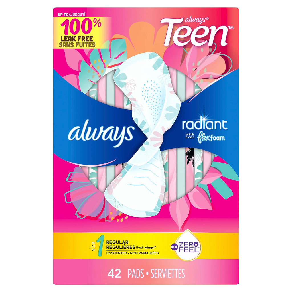 Always Radiant Teen Pads, Size 1, Regular, with Wings, Unscented, 42 Count