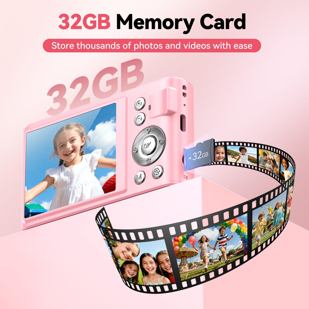 Digital Camera 4K for Kids: 48MP Pink Camera for Teens Photography - Christmas Birthday Gifts for Girls - 16X Zoom Shoot for Vlogging - Compact Camera for 6 7 8 9 10 Years Old- Toys for Toddler