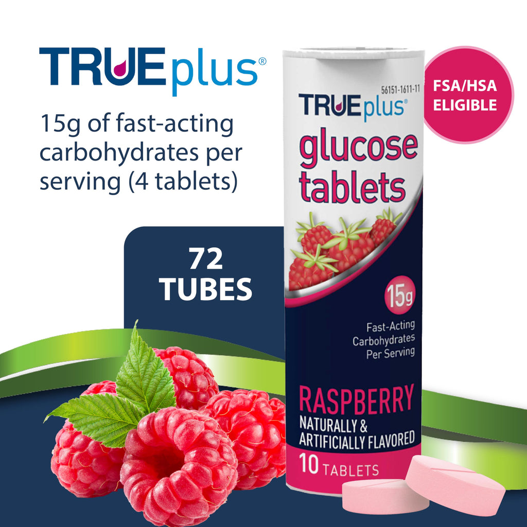 TRUEplus Glucose Tablets, Chewable, Raspberry Flavor, 15g Fast-Acting Carbohydrates, Fat Free, Gluten Free, Boost Energy, 10 Count, 72 Tubes
