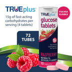 TRUEplus Glucose Tablets, Chewable, Raspberry Flavor, 15g Fast-Acting Carbohydrates, Fat Free, Gluten Free, Boost Energy, 10 Count, 72 Tubes