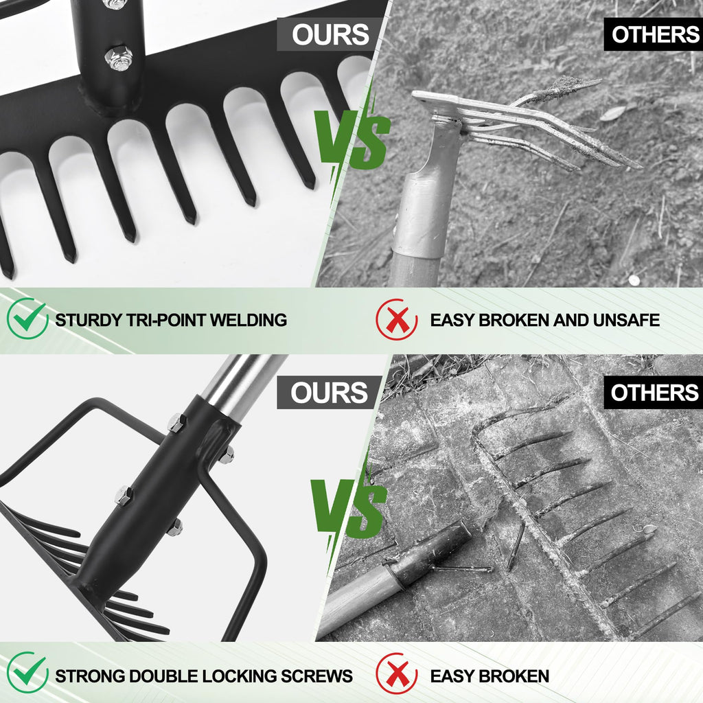 BARAYSTUS 15 Inch Wide Bow Rake, 16 Steel Tines Metal Head Rake Tool with Stainless Steel Handle, Adjustable Long Handle Garden Rake for Loosening Soil Leveling Mulch Gathering Lawns Leaves