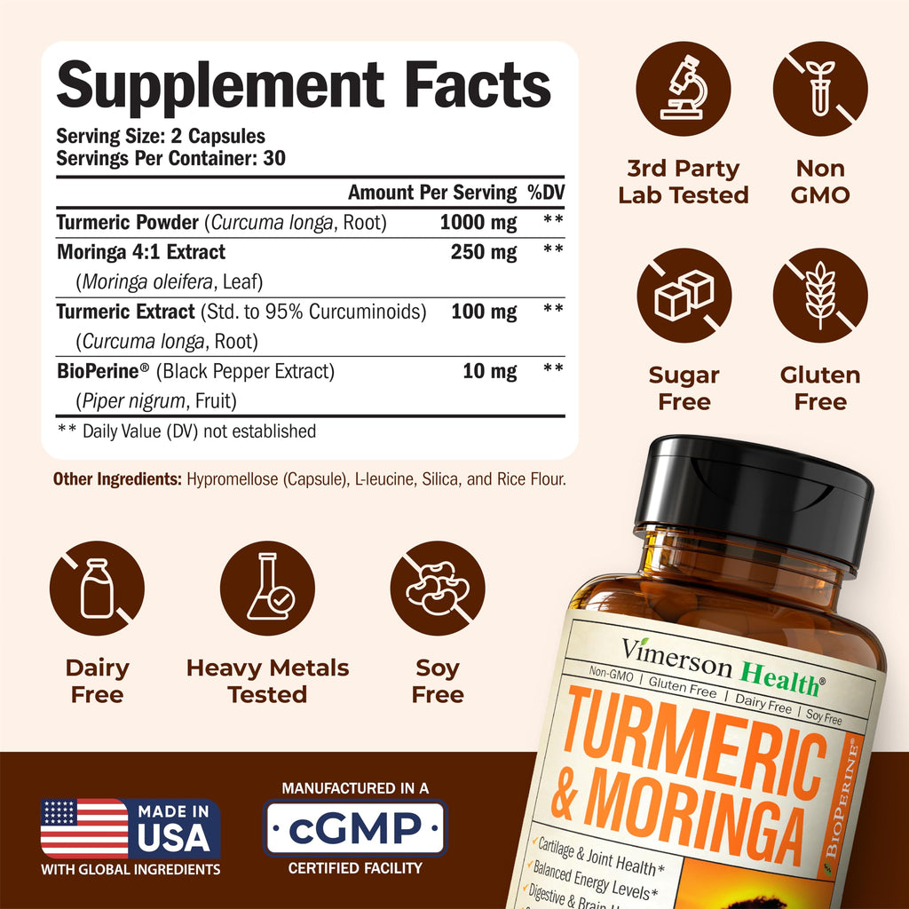 Moringa Turmeric Supplement for Joint Health, Gut Health, Energy and Immune Support – Total Wellness Formula with Tumeric Moringa Pure Capsules – Turmeric Curcumin with Black Pepper – 60 Count