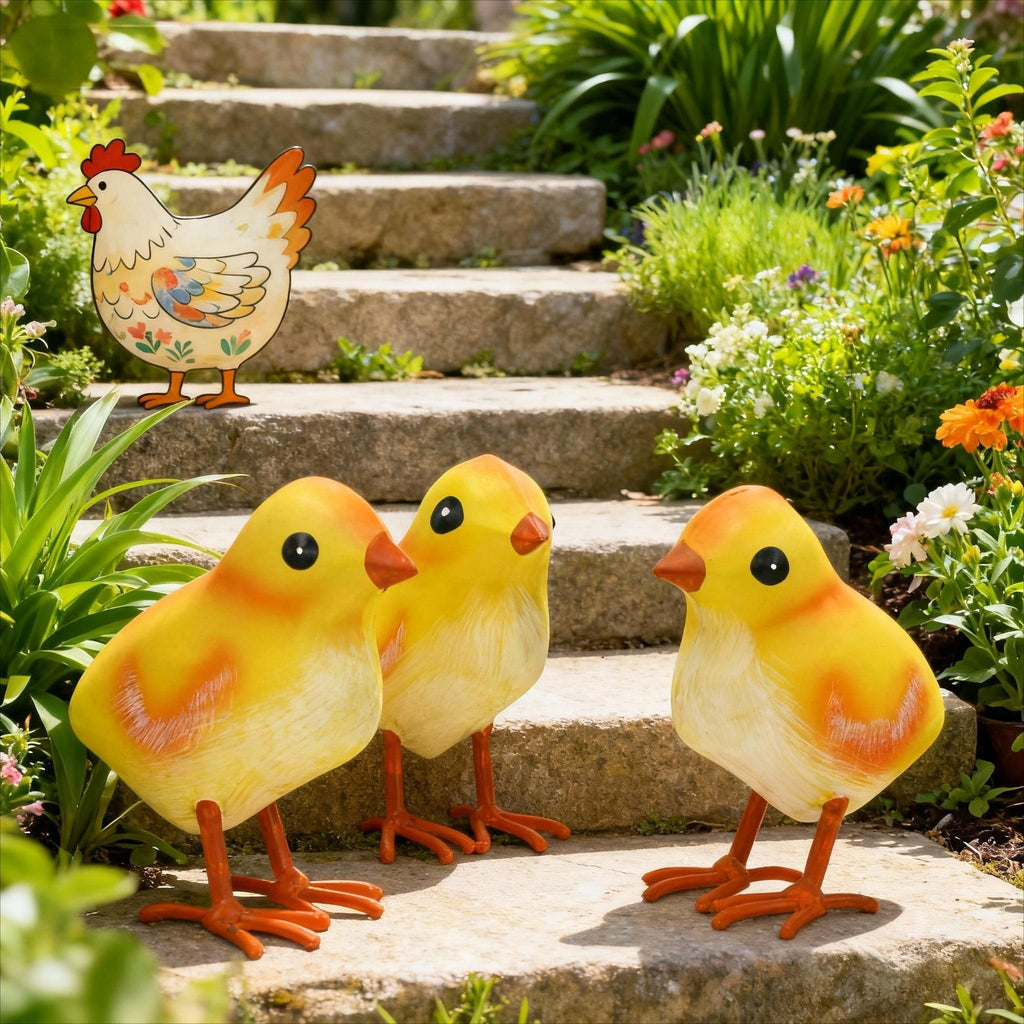 Metal Chicken Statue Garden Decor Life-size Baby Rooster Yard Gift Set of 3