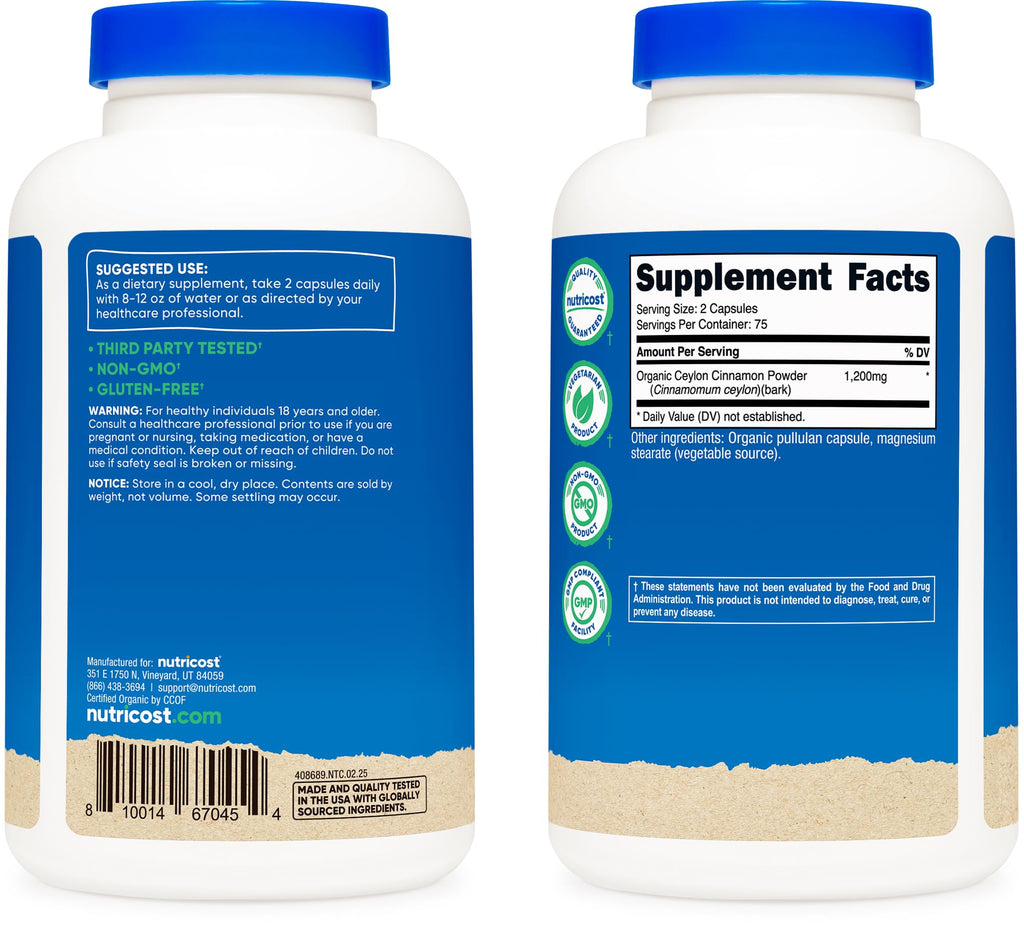 Nutricost Organic Cinnamon (Ceylon Cinnamon) 1,200mg Serving, 150 Capsules - Gluten Free, Non-GMO