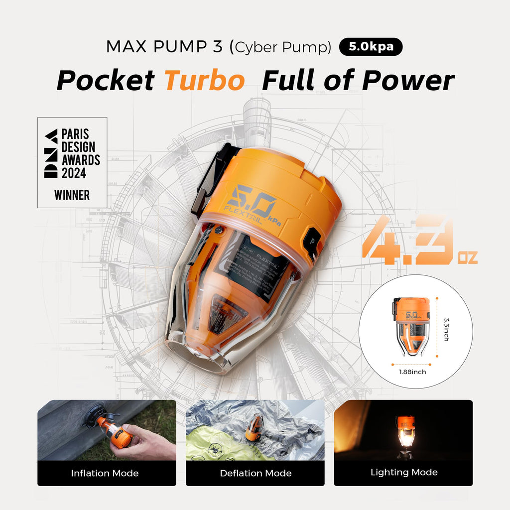 FLEXTAILGEAR Air Pump for Inflatables Max Pump 3, 5Kpa Portable Air Pump, 500L/min Air Mattress Pump with Camping Light,Portable Inflator for Inflatable Pillows Swim Rings Air Mattresses Air Bed Boats