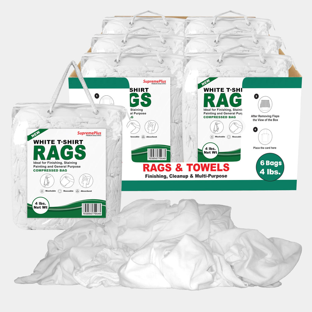 SupremePlus Premium White T-Shirt Cleaning Rags (4 lbs. Bag - Pack of 6) – White Cotton Rags for Cleaning, Staining, Painting, Oil, Grease & Dust Removal – Shop Rags Bulk for Multipurpose use