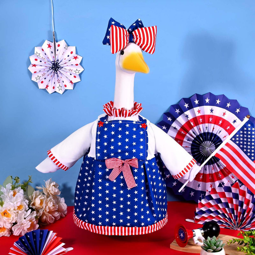 JcHrmers 4th of July Porch Goose Outfit 23 Inch Patriotic Goose Outfits Goose Stars Stripes Dress with Big Poofy Bow American Flag Fits for Independence Day USA 250th Anniversary Festival Decor
