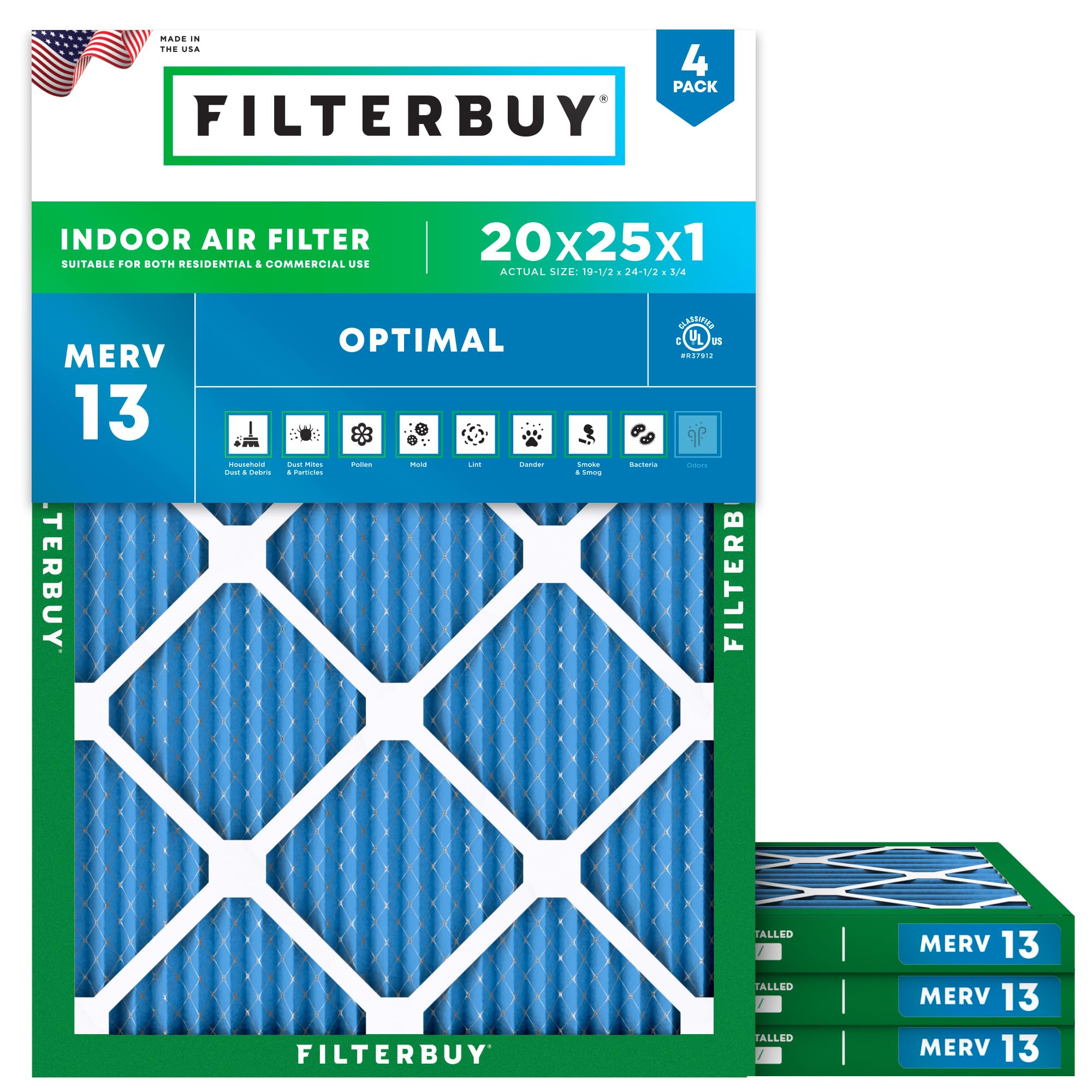 Filterbuy 20x25x1 Air Filter MERV 13 Optimal Smoke & Allergy Defense (4-Pack), Electrostatic Pleated HVAC AC Furnace Filters Replacement, Made in USA (Actual Size: 19.50 x 24.50 x 0.75)