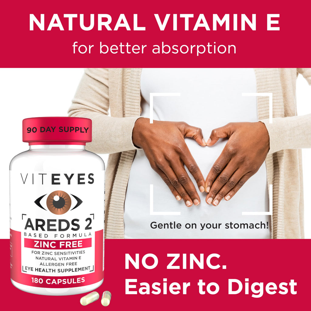 Viteyes AREDS 2 Zinc Free Macular Support, Natural Allergen Free Capsules with Vitamin E, Vitamin C, Lutein & Zeaxanthin, No Zinc, No Copper, Eye Doctor Trusted, Manufactured in The USA, 180 Ct