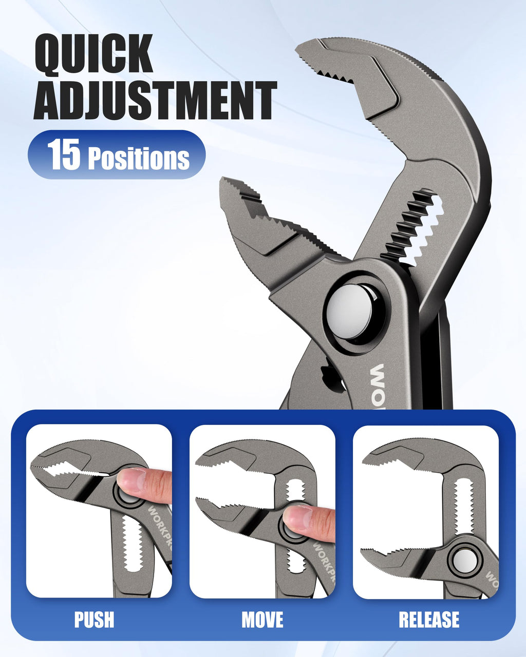 WORKPRO Mini Water Pump Pliers, 4-Inch Groove Joint Pliers, Fast Adjustable Tongue and Groove Plier with 15-Position Push-Lock, V-Jaw for Multi-Surface Grip, EDC Plier for Tight Spaces & Versatile Use