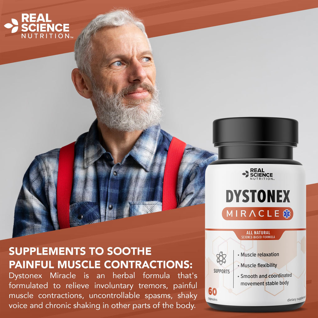 Real Science Dystonex - Dystonia Support Supplement for Tremors, Muscle Contractions & Spasms – Muscle Relaxer Pills with Vinitrox & GABA for Nerve Support & Blood Circulation – Made in USA, 60 Caps