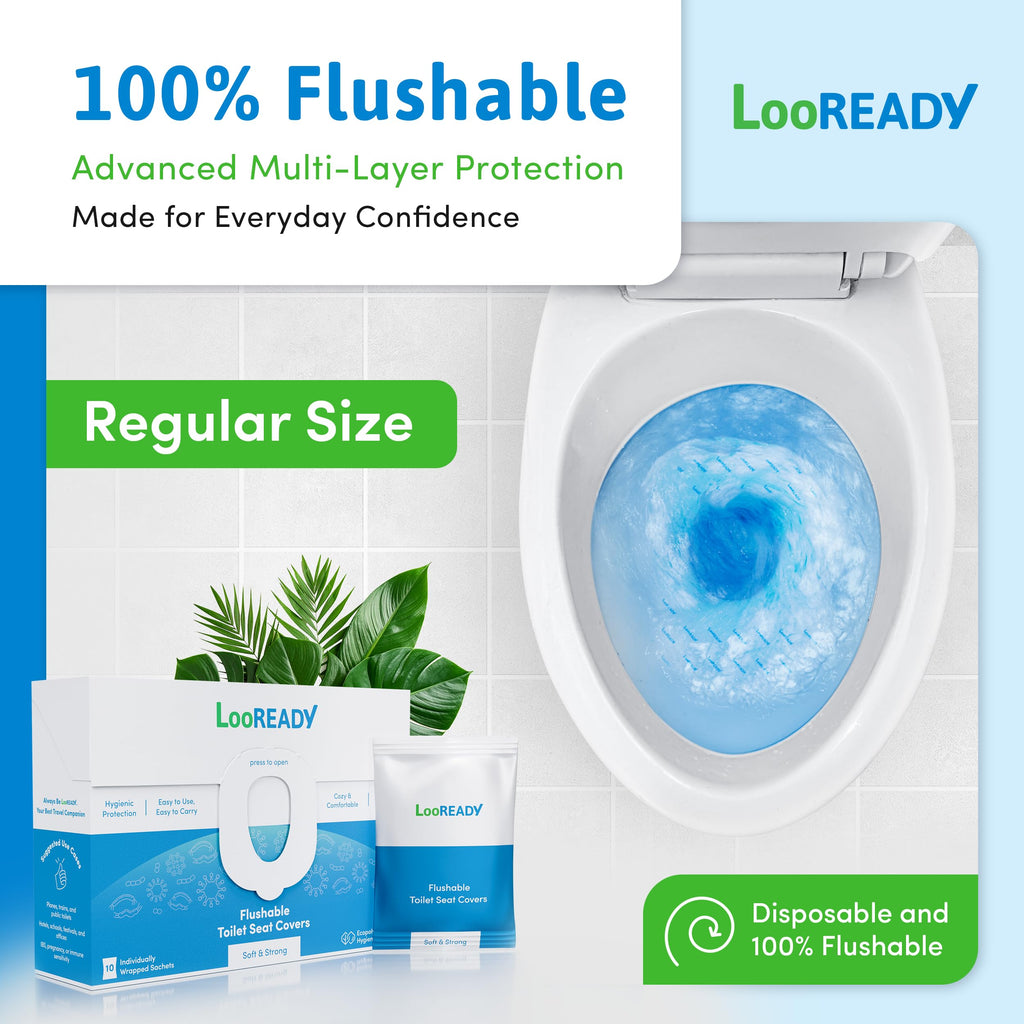 Toilet Seat Covers Disposable Flushable - Regular Size (16x19”) - Travel Size Individually Wrapped, Soft & Strong, Pocket Size for Public Restrooms at the Office, for Commuters or Holiday (30 Pack)