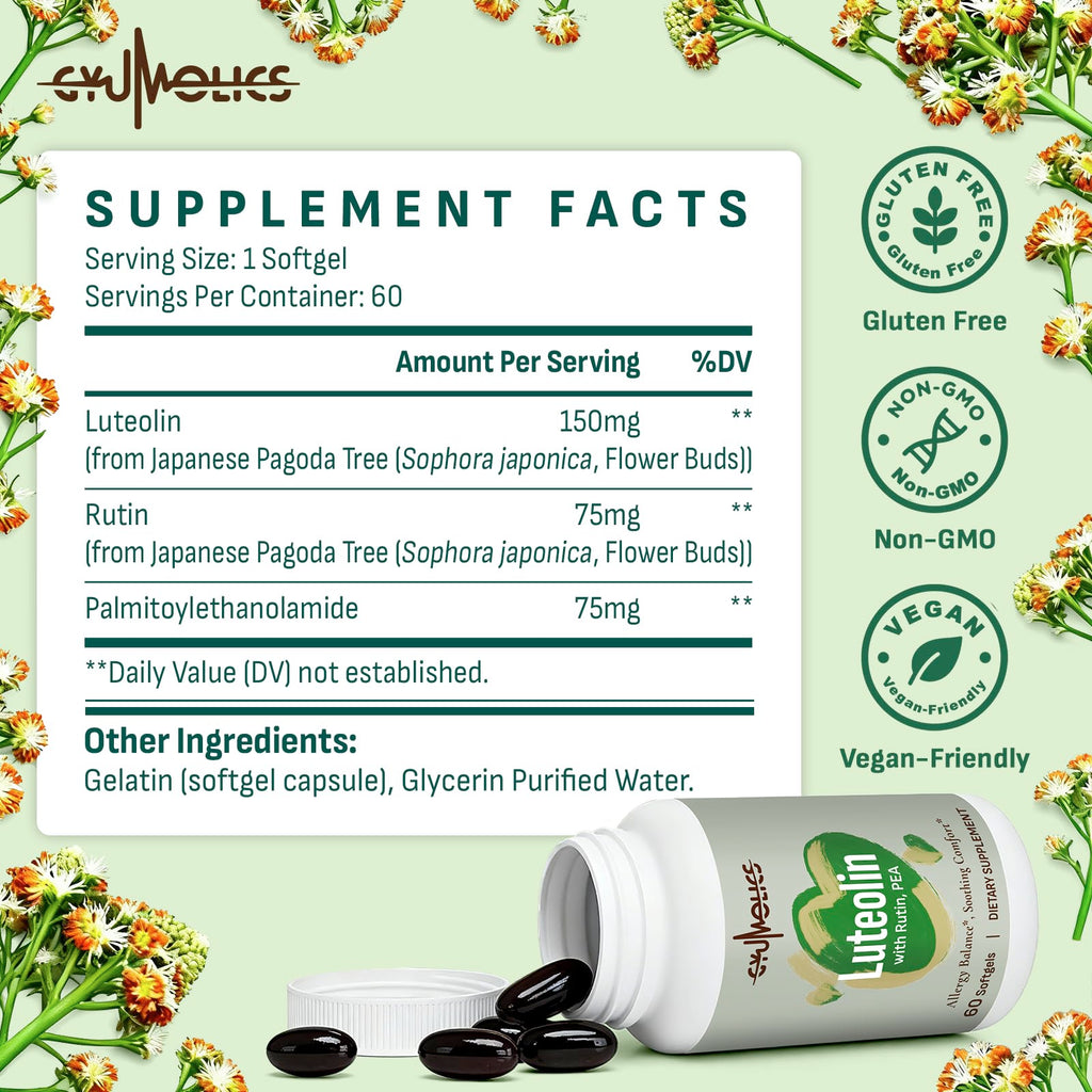 Gyumolics Luteolin Supplement 300mg, Powerful MCAS Stabilizer, Seasonal Allergies and Anti-inflammatory Balance, with Luteolin 150mg, Rutin 75mg, Pea 75mg, Vegetarian,Gluten-Free, 120 Softgels