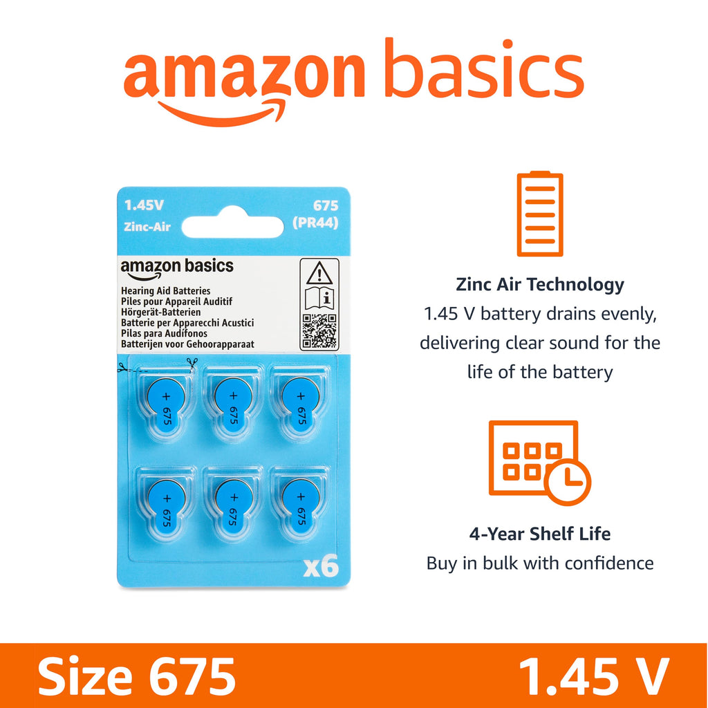 Amazon Basics 60-Pack Hearing Aid Size 675 Zinc-Air Batteries, 1.45 Volt, Blue Tab, 4-Year Shelf Life, Child-Safe Package (Use Scissors to Open)