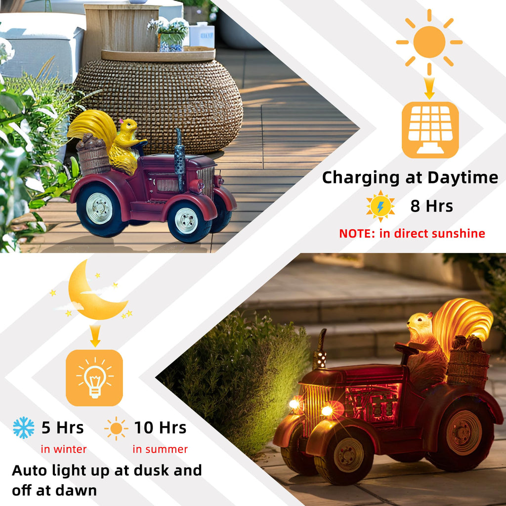 YUETJIN Solar Lighted Squirrel's Farm Tractor Statue
